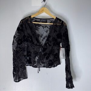 NWT Animari Charlotte Sheet Velvet Floral Mash Tie Front Long Sleeve Black Small